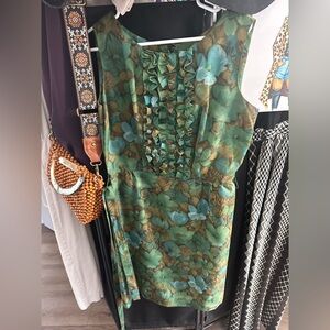 Vintage Floral Green and Blue Sleeveless Dress